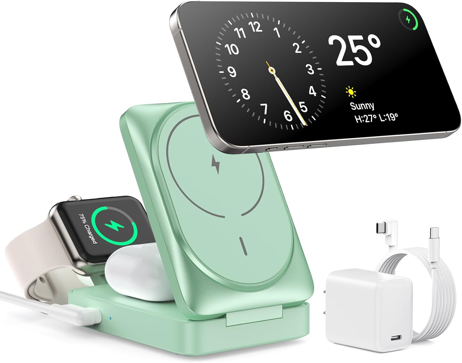 3-in-1 Wireless Charger Charging Station for iPhone, Qi2 Certified 15W Fast Charging Foldable Magnetic Charger Stand with 30W USB C Adapter for MagSafe iPhone 16/15/14/13/12, Apple Watch, AirPods
