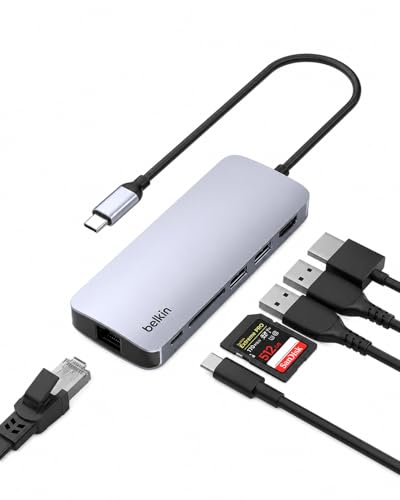 Belkin USB-C Hub - 6-in-1 Multi-Port Adapter Dock with 4K HDMI, USB-C 100W PD Pass-Through Charging, 2X USB-A Ports, Gigabit Ethernet Ports, and SD Slot for MacBook Pro, Air, iPad, Pro, XPS and More