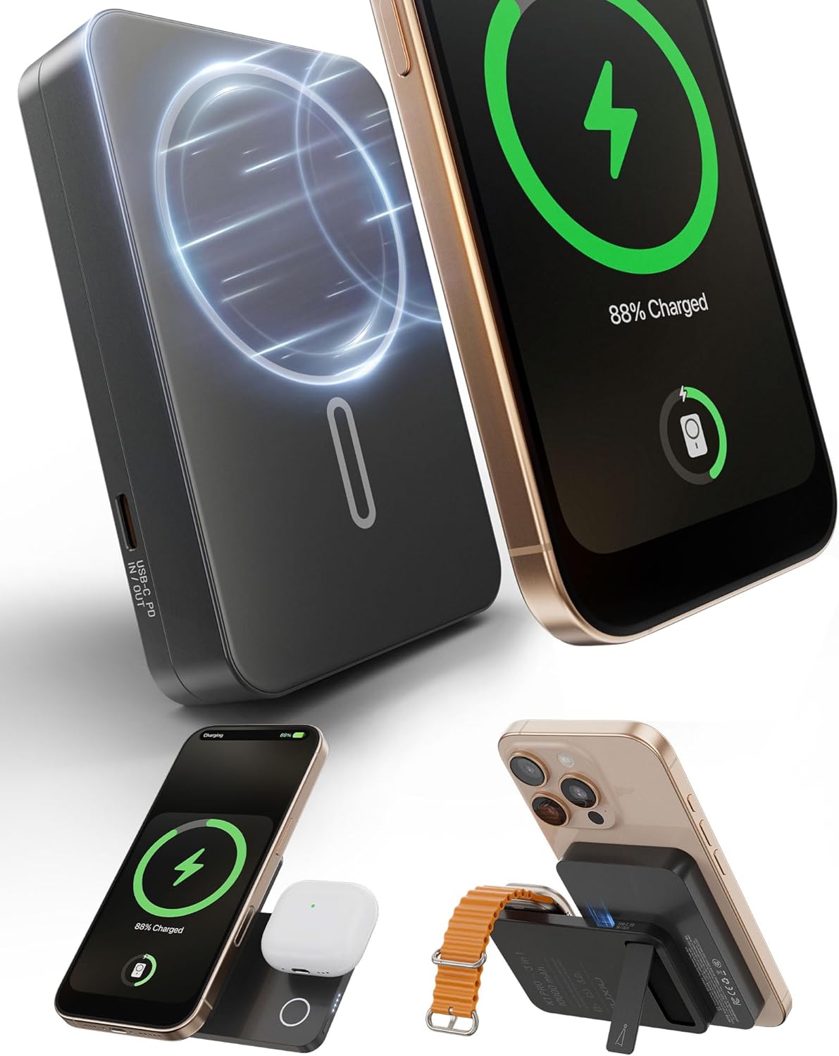 Mag-Safe 3 in 1 Portable Charger Wireless Charging Station, KU XIU 10000mAh Foldable Power Bank 15W Fast Charging, Travel Charger Battery Pack for iPhone 16/15/14/13/12, for Apple Watch, AirPods,Black