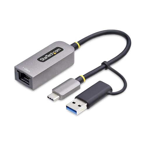 StarTech.com USB-C to Ethernet Adapter w/USB-A Dongle, 10/100/1000Mbps, USB GbE Adapter, 6in/15cm Attached Cable, Status LEDs
