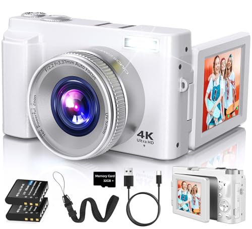 4K Digital Camera for Photography Autofocus, 2024 Latest 48MP Vlogging Camera for YouTube with SD Card, 2 Batteries, 3" 180Flip Screen Compact Travel Camera for Teens with 16X Zoom (Off White)