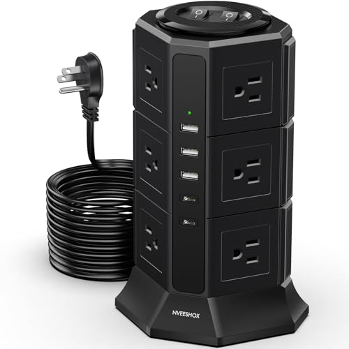 Surge Protector Power Strip Tower, 10FT Ultra Flat Extension Cord with 12 AC Outlets 5 USB Ports(2 Type C), Desktop Charging Station, Flat Plug Outlet Extender for Home Office Dorm