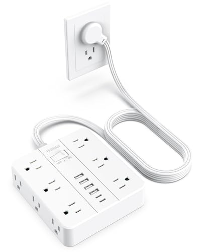 Flat Plug Surge Protector Power Strip, HUNIAN 12 Widely Spaced Outlets with 6 USB Charger (2 USB C Ports), 10 Ft Extension Cord Desk Charging Station for Home Office Supplies, Dorm Room, White