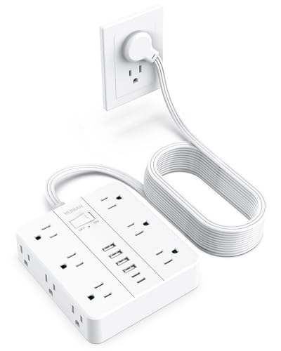 Flat Plug Power Strip Surge Protector, Flat Extension Cord Indoor 20 Feet, HUNIAN 12 Widely Spaced Outlets with 6 USB (2 USB C Ports), Desk Charging Station for Home Office Supplies, White