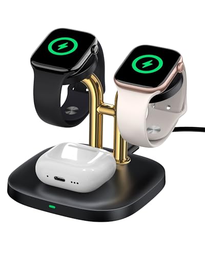 Dual Watch Charger with Fast Charging for Apple Watch, SwanScout 704A, 3-in-1 Wireless Charging Station Stand for Apple Watch Ultra 2/10/9, Wireless Charger Dock for AirPods Pro 2/3/2 (Black & Gold)