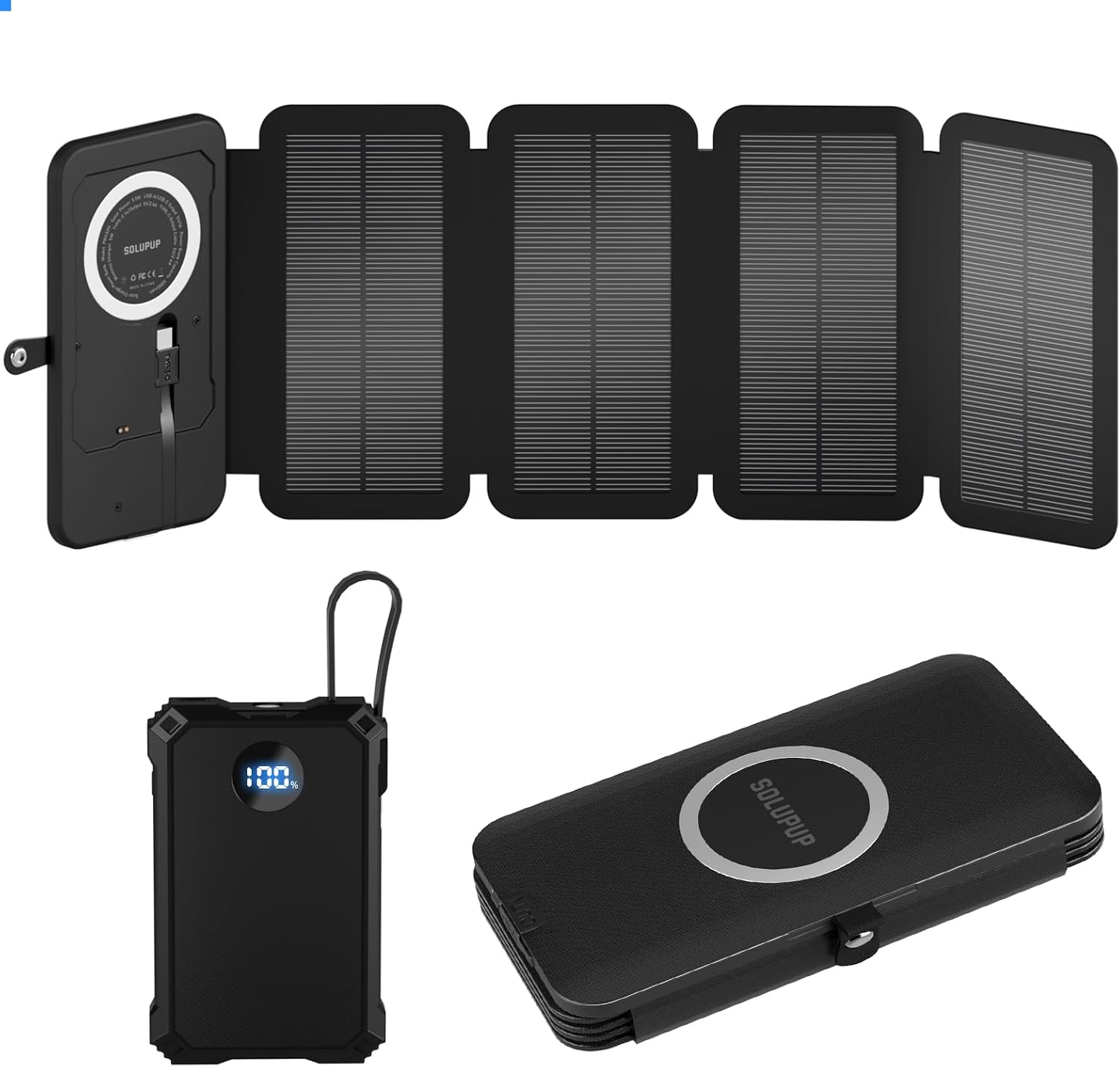 5000mAh Solar Power Bank, Detachable Solar Panel, 5.5W Foldable, Magnetic Charging, 3 Type-C & USB-A Fast Charging, IPX5 Waterproof, Works Separately for Phones/Tablets, Camping Outdoor
