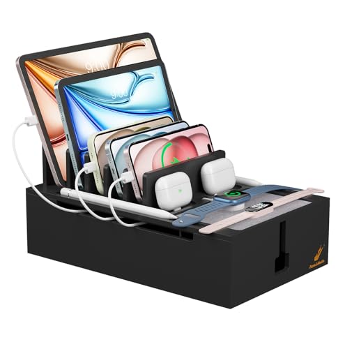 Pezin & Hulin Bamboo Charging Station, Electronic Devices Organizer for Multiple Devices Charger Such As Cell Phone, Tablet, Watch and More, Blackl, (No USB Charger and Cables