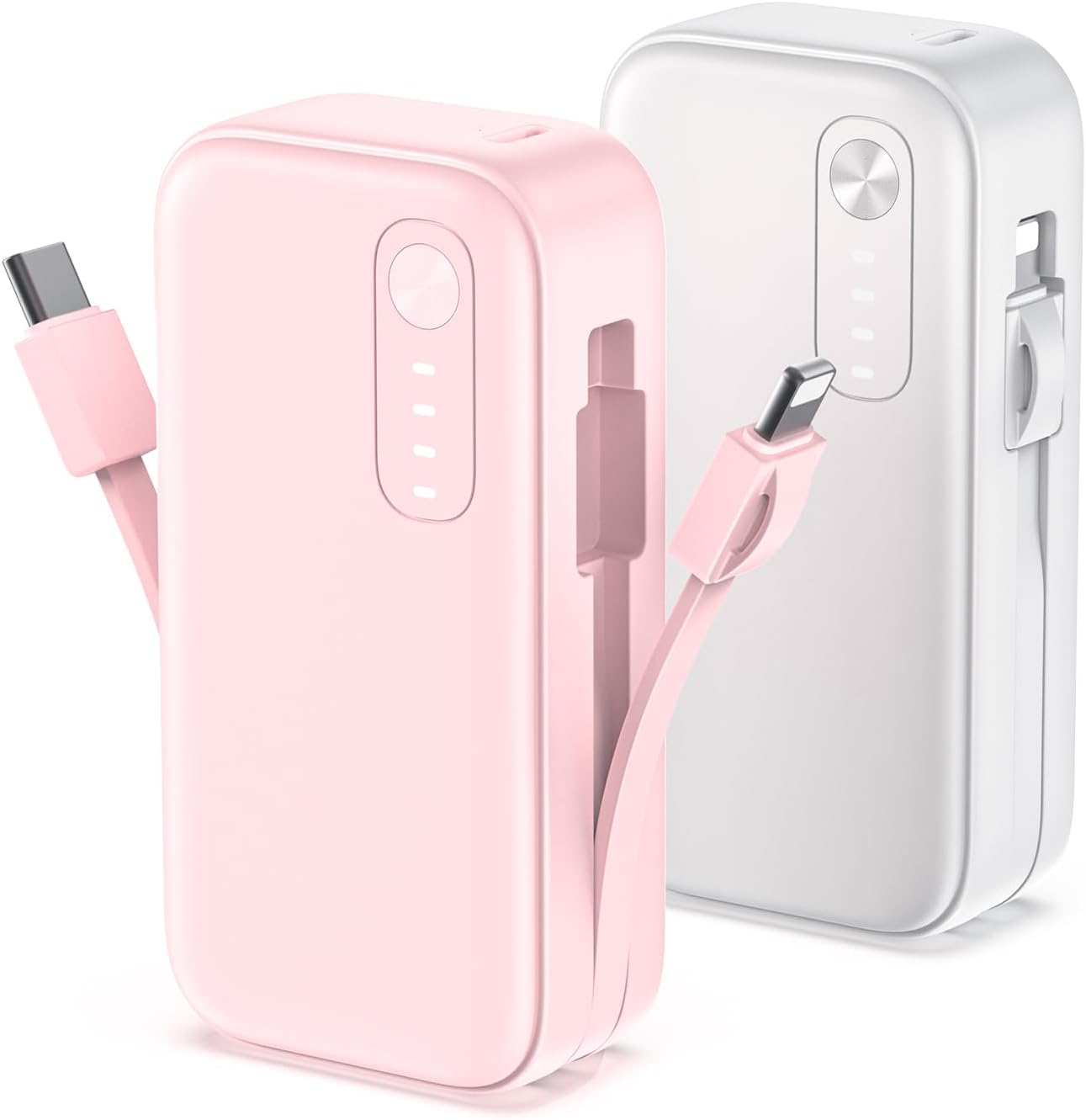 Smallest Portable Chargers with Built in Cables, 2 Pack 5000mAh Power Bank Slim Portable Phone Travel Charger, PD QC 3.0 Fast Charging External Battery Pack for iPhone 15/16/14 Android(White+Pink)