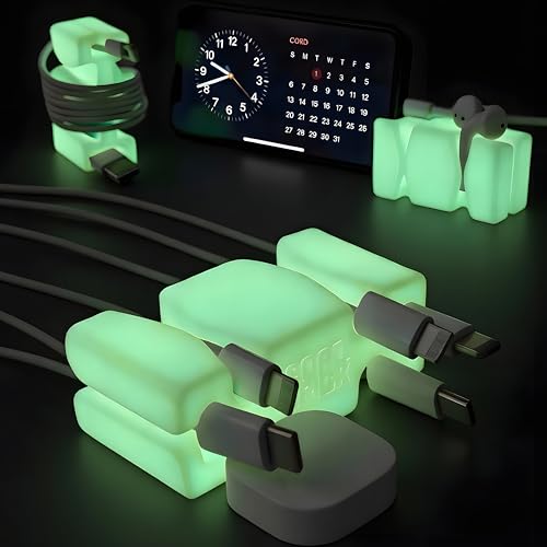 GlowBrick, Weighted Cord Holder for Nightstand, Cable Management for Travel, Phone Accessory, Stocking Stuffer for Adults, Men. for Nightstand, Desktop, Office, Silicone. Yellow 2PK