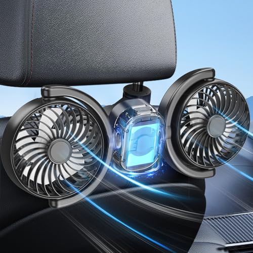 Dealswin Rechargeable Car Fan for Backseat Kids Baby, Battery and USB Dual Power Car Fans, Powerful 3 Speeds 360 Rotatable Dual Head Cooling Car Seat Fan for Sedan SUV RV Truck Vehicle