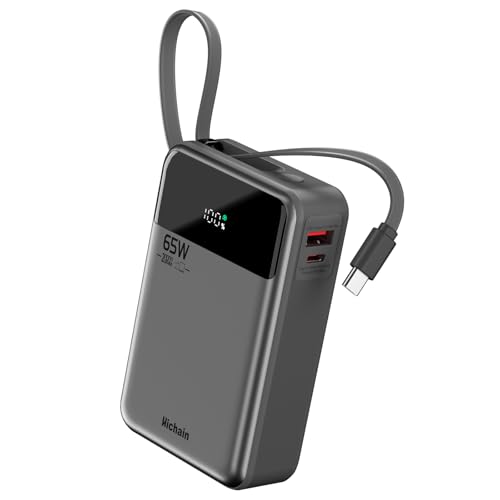 Hichain Laptop Power Bank 65W 20000mAh Portable Charger with Built-in USB-C Cable, 3-Port Fast Charging Battery Pack for MacBook iPhone 17 16/15 Series Android Switch Travel Essential Gray
