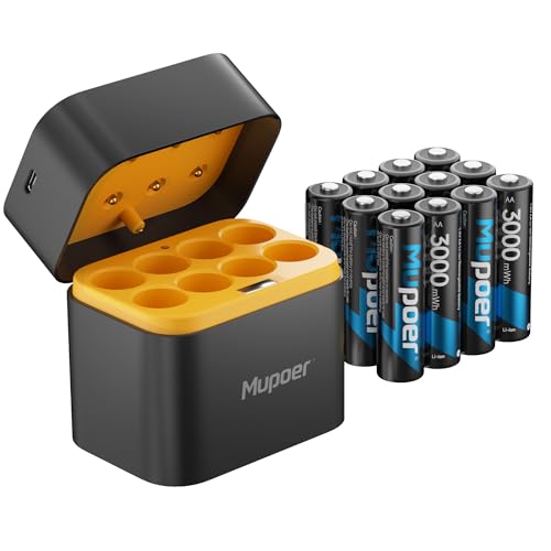 12 Pack Rechargeable AA Batteries Lithium with Charger,3000mWh 1.5V AA Lithium Blink Batteries,Double A Battery Rechargeable,Long Lasting Pilas Recargables Lithium ion AA Battery for Xbox