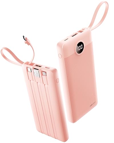Portable Phone Charger, Slim 10000mAh Vacation Essentials Power Bank, 5 Outputs 2 Inputs LED Display External Battery Pack with Built in Cables Compatible with iPhone/Android & More (Pink)