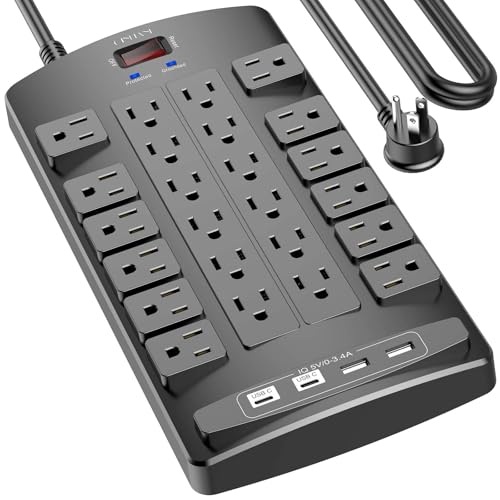 QINLIANF Surge Protector Power Strip - 15Ft Flat Plug Heavy Duty Extension Cord with 24 Outlets and 4 USB Ports(1 USB-C Ports), 1875W/15A, 4100J, for Home, Office, Dorm, ETL Listed, Black