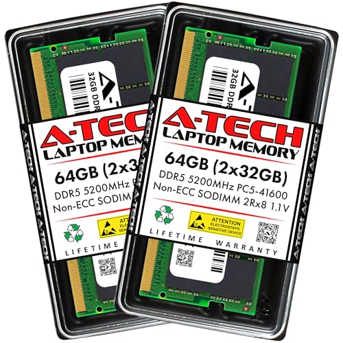 A-Tech 64GB Kit (2x32GB) DDR5 5200MHz PC5-41600 CL42 SODIMM 2Rx8 Dual Rank 1.1V Non-ECC Unbuffered SO-DIMM 262-Pin Laptop Computer RAM Memory Upgrade Modules
