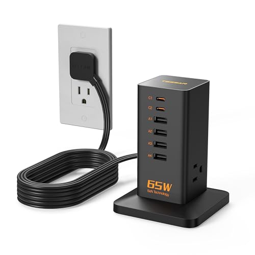 USB Charging Station for Multiple Devices 10Ft Cord, TESSAN 9-in-1 USB C Charger Block PD 65W for iPhone 16/15, MacBook, Tablet, Type C Desktop Charger with 3 AC, Home Travel Office Accessories