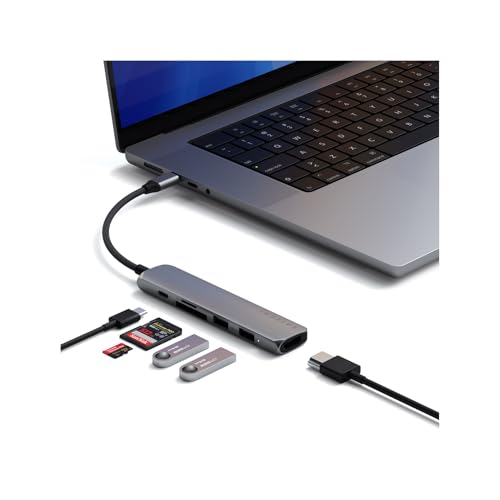 Satechi 6 in 1 USB C Hub Multiport Adapter with HDMI 4K@60Hz, 100W PD Charging, 2X USB-A Data Ports, Micro/SD Card Readers for MacBook Air/Pro M4, iPad, Windows  Space Gray