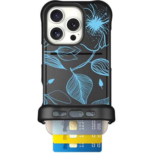 Scooch for iPhone 16 Pro Case with Card Holder, Wingmate Wallet Case with Hidden Card Slot and RFID Protection, Holds 3 to 4 Cards, 10-Foot Drop Protection, Blue Hibiscus