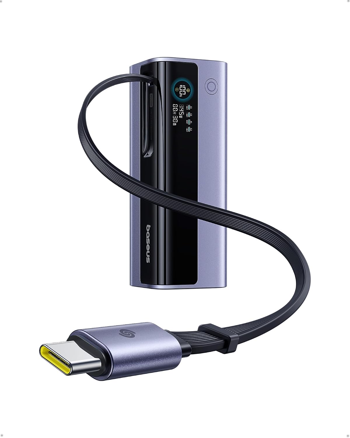 Baseus Laptop Power Bank, 20,000mAh 145W Portable Charger Built-in Retractable Cable, 4-Port PD Fast Charging Battery Bank with Smart Display, for iPhone/MacBook/Samsung/Dell/HP, and More