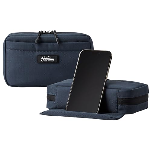 Halfday Sidekick Tech Organizer Kit | Flip-Out Kickstand for Phone/Tablet, Zip-Flat Pouch with Power Mesh & Elastic for Cable & Charger (Splash-Resistant Travel Electronics Accessories Case), Marine