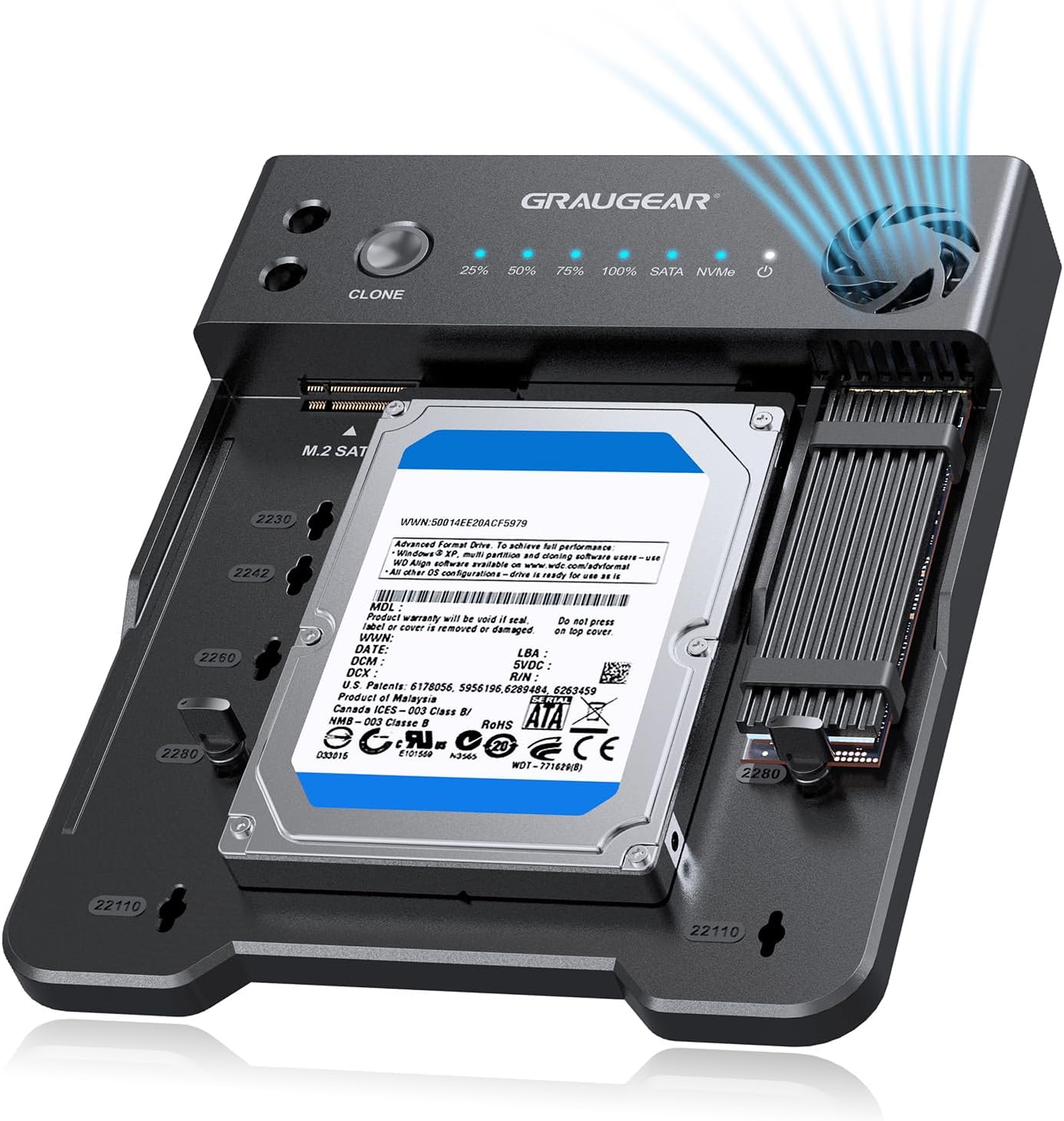 GRAUGEAR M.2 NVMe & SATA SSD/HDD Docking Station, USB-C 10Gbps Clone Station for M.2 NVMe SSD + SATA 2.5/3.5 SSD & HDD Converter, Offline Cloning, Tool-Free, Built-in Cooling Fan