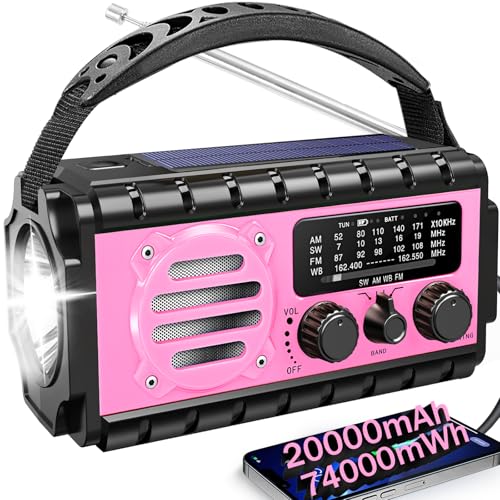 74000mWh Emergency Radio with NOAA Weather, Portable Hand Crank SW/AM/FM Survival Radio with Fast Charge Rechargeable Solar Battery, Flashlight, Reading Lamp,SOS Sirenor Home Outdoor(Pink)