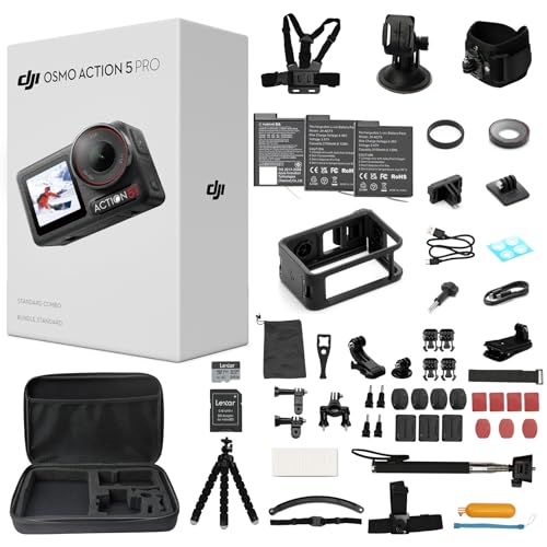 DJI Osmo Action 5 Pro Standard Combo,with 58 Piece Accessory Kit and 2 Extra Batteries + 64GB Card - Waterproof Action Camera with 1/1.3" Sensor, 4K/120fps Video, Action Camera 4K Ideal for Sports