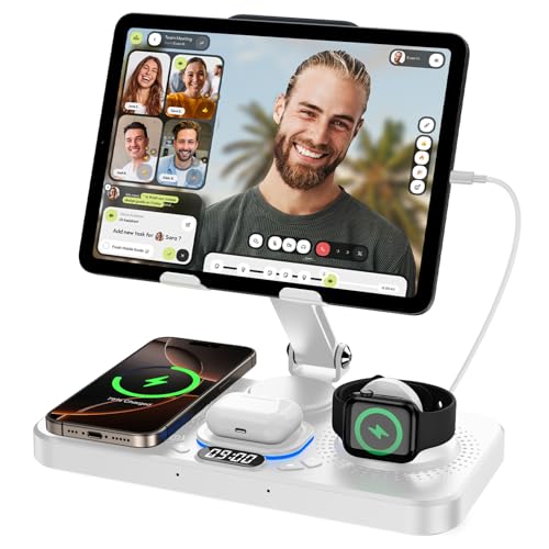 6 in 1 Wireless Charger for Apple Device, 30W Foldable Charging Station for ipad with Clock & 7 Color Ambient Light, Nightstand Wireless Charger for iPhone 16/15/14/iWatch Series/AirPods 4/3(White)