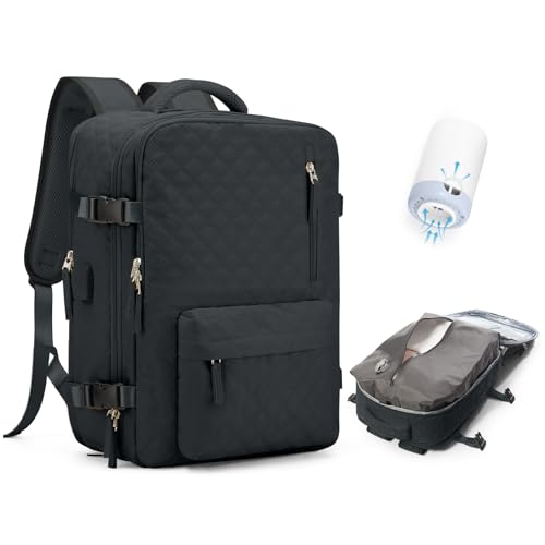 Travel Vacuum Storage Backpack with Air Pump Vacuum Seal Compression Space Saver Bags Clothing Vacpack 18x14x8 inches Travel Bag Carry on Personal item Laptop Work Backpacks Women BlackGrey