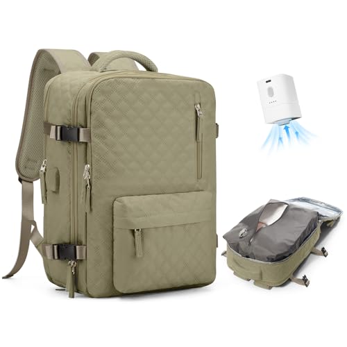 Travel Vacuum Storage Backpack with Air Pump Vacuum Seal Compression Space Saver Bags Clothing Vacpack 18x14x8 inches Travel Bag Carry on Personal item Laptop Work Backpacks Women Men Khaki