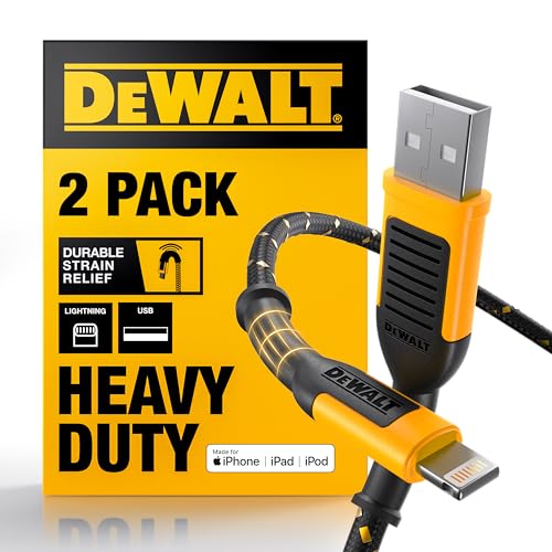 DEWALT Heavy Duty 2-Pack Durable iPhone Charger Cord, [Apple MFi Certified] 4ft Long Charging Cable, Compatible Apple Lightning to USB Cable, Fast Charging Cords for iPhone 14/13/12/11/13 Pro/13 Max