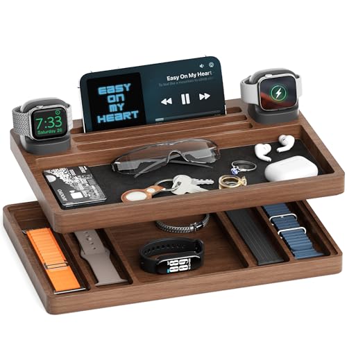 2 Tier Wood Watch Band Organizer - Charger Stand Compatible with All Apple Watch Series and Stackable Bands Display Watches Storage Case Tray(Walnut)