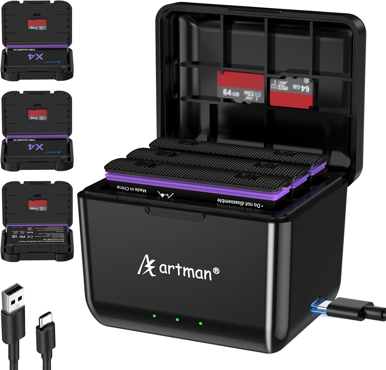 Artman 3-Pack 360 X4 Battery for Insta 360 X4, 2500mAh 360 X4 Batteries and 3-Channel USB-C Fast Charger, Portable and Compatible with Insta 360 X4 Action Camera, with Misro SD Card Slots