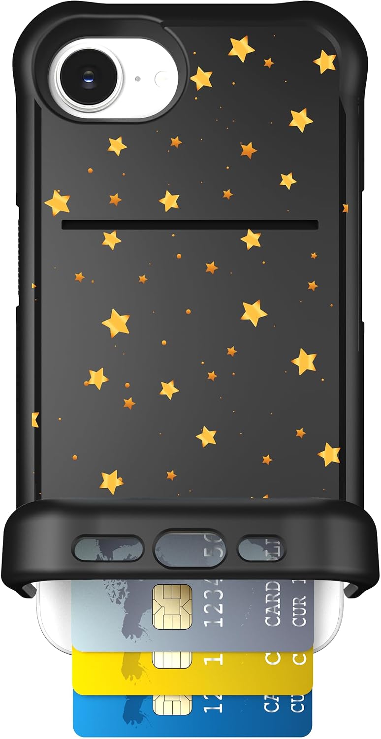 Scooch for iPhone 16e Case with Card Holder, Wingmate Wallet Case with Hidden Card Slot and RFID Protection for up to 4 Cards, 10-Foot Drop Protection, Gold Stars