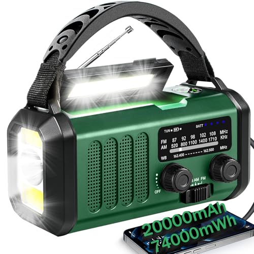 Hand Crank Emergency Radio,74000mWhSolar Powered Hand Crank Portable NOAA AM FM Weather Radio with 3Mode Flashlight and Reading Light,Cell Phone Charger,Home and Emergency Distress Signall