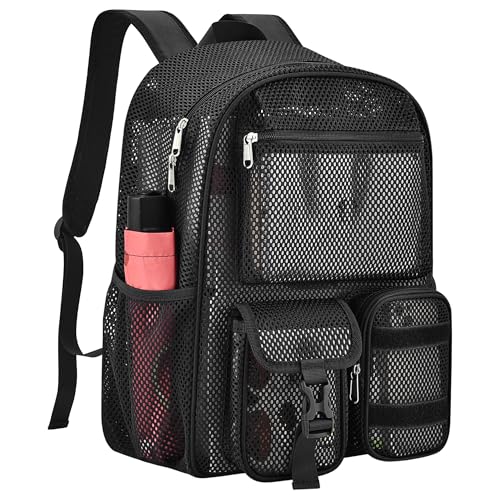 Mesh Backpack for School, 25L Large Heavy Duty mesh backpacks for Adults Girls Boys Kids with Inner Laptop Compartment, mesh Schoolbag for Outdoor Hiking Beach(Black, Small)