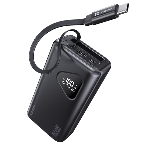 RORRY Laptop Power Bank, 25000mAh 65W Portable Laptop Charger Battery Bank PD Fast Charger Built in Retractable Cables, for iPhone 16/15 Series, MacBook, Samsung, Dell, XPS, iPad, Steam Deck, Black