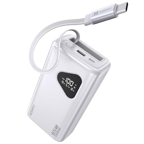 RORRY Laptop Power Bank, 25000mAh 65W Portable Laptop Charger Battery Bank PD Fast Charger Built in Retractable Cables, for iPhone 16/15 Series, MacBook, Samsung, Dell, XPS, iPad, Steam Deck, White