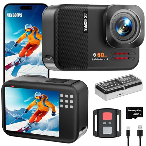 4K 60FPS 48MP WiFi Action Camera with Touch Screen, 50FT Underwater Waterproof Camera, No Case Needed, EIS Motorcycle Camera, 8X Zoom, 64GB Card, Remote Control, Batteries & Mounting Kits