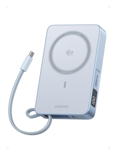 UGREEN MagFlow 10,000mAh Power Bank, Qi2 25W Certified Wireless Charging, Magnetic Portable Charger for MagSafe with Built-in Cable, 30W USB-C Battery Pack for iPhone17 Pro Max/16/15/14/13/12