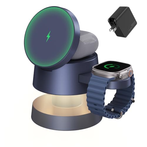 iVANKY 4 in 1 Wireless Charging Station with Night-Lamp for MagSafe Charger Travel Stand, 3 in 1 Charge for iPhone 17/16/15/14/13/12/11, Apple iWatch, Airpods(Dual C-Port 100W Adapter Included