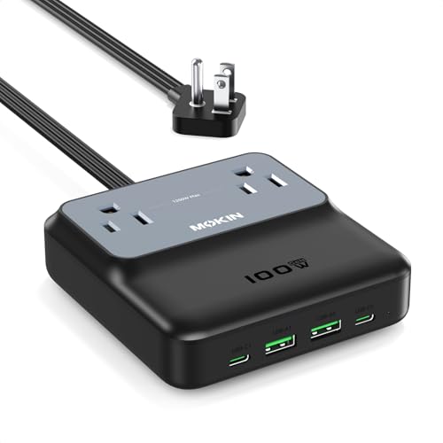 Charging Station,100W GaN USB-C Power Strip with Surge Protector, 6 in 1 Fast Charging Desktop Charger for MacBook Pro/iPhone 16 Pro/Chromebook, Flat Plug & 5ft Extension Cord (Black)