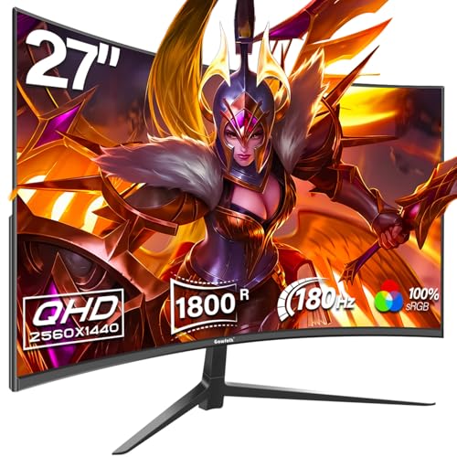27 Inch Gaming Curved Monitor, 180Hz QHD 2560x1440p PC Monitor with AMD FreeSync, Flicker-Free, HDMI 2.0, DP 1.4, Ultra-Thin Frameless 2K Computer Screen