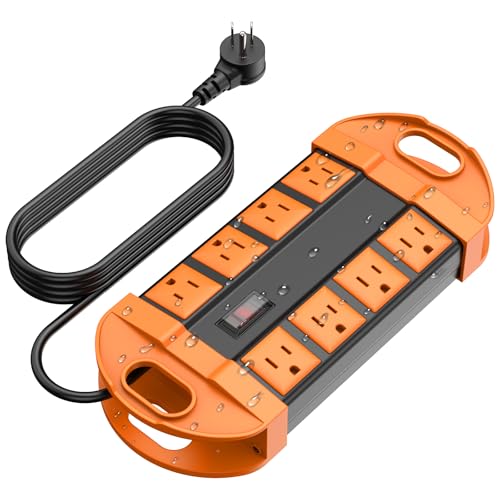 CCCEI Outdoor Power Strip Weatherproof with 8 Plug, Waterproof Extension Cord with Multiple Outlets, Christmas Exterior Garden Yard Surge Protector 10FT, Orange.