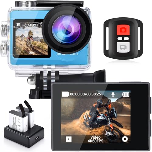 icefox i8 Action Camera with 4K 60FPS 20MP, 5X Zoom, Underwater Waterproof Camera with Optimized EIS, Video & Photo Editing by Snap Pro App, WiFi Remote Control for Diving, Cycling and Vlogging