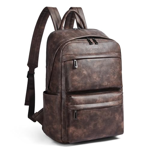 Leather Laptop Backpack for Women, Fits 15.6 Inch Laptop, Leather Backpack with 2 Water Bottle Pockets, Hidden Zipper and Luggage Strap, Ideal for Work, Travel, College, Everyday Use, Coffee
