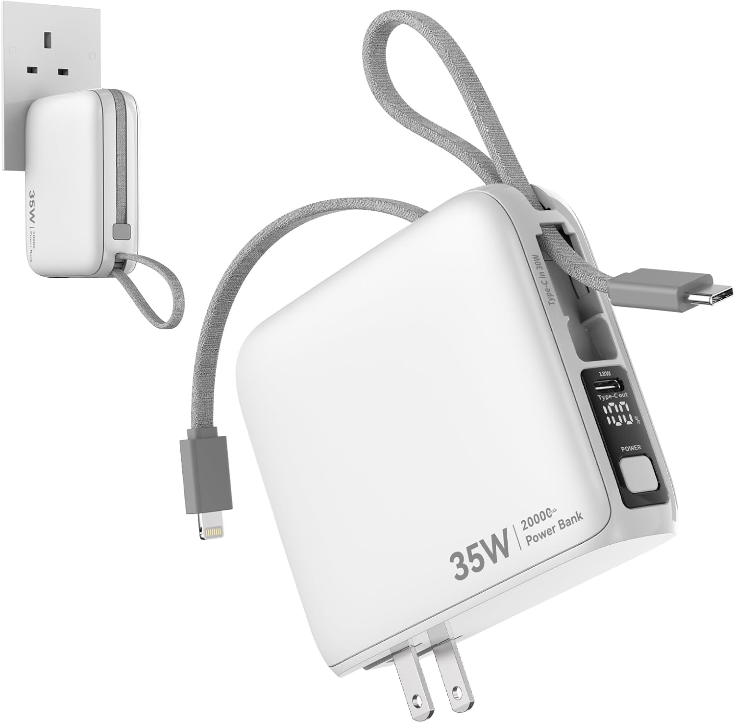35W Portable Charger with Wall Plug Battery Pack Charger Portable Cell Phone Power Bank 20000mAh [2025 Upgraded Version] Portable Charger with Built in Cable Power Bank Usb C & Lightning Cable, White