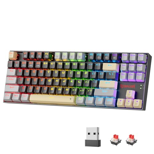 Redragon Wireless Gaming Keyboard, BT/2.4Ghz Tri-Mode Mechanical Keyboard with Aluminum Pannel, Hot-Swap Red Switch, Programmable 87 Keys TKL, LED Rainbow Backlit - K552LGY-KRS (Eclipse Gilded)