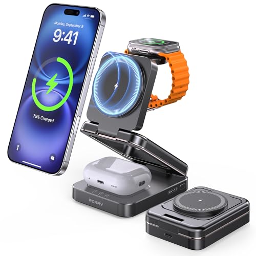 RORRY 3 in 1 Charging Station for Apple, 5000mAh Foldable Portable Charger Power Bank for Magsafe, Travel Wireless Charging Station for iPhone 17/16/15/14/13/12, Apple Watch & AirPods