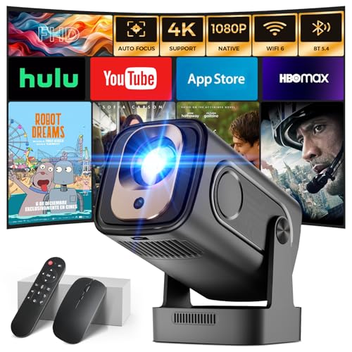 Projector [Auto Focus & 1080P Native & Built-in Apps] Projector 4K Support Auto Correction WiFi 6 Bluetooth 5.4 Mini Portable Projector Compatible with HDMI/TV Stick/Memory Stick/Laptop, Black